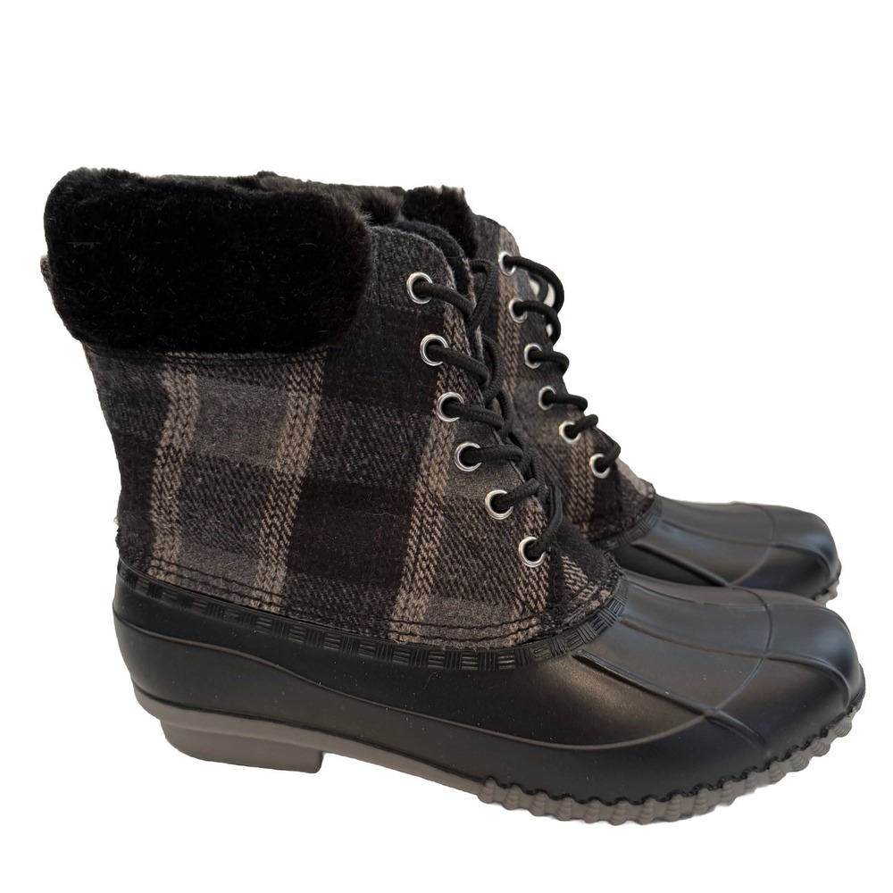 Duck Boots Womens Waterproof Winter Boots Quilted Snow Black Gray‎ Plaid Size 7